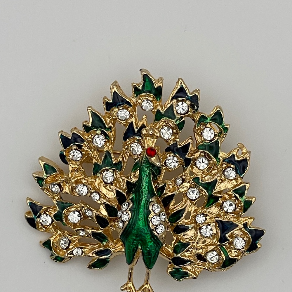 Peacock Brooch Gold Tone Green Enamel Rhinestones Clear Rhinestones